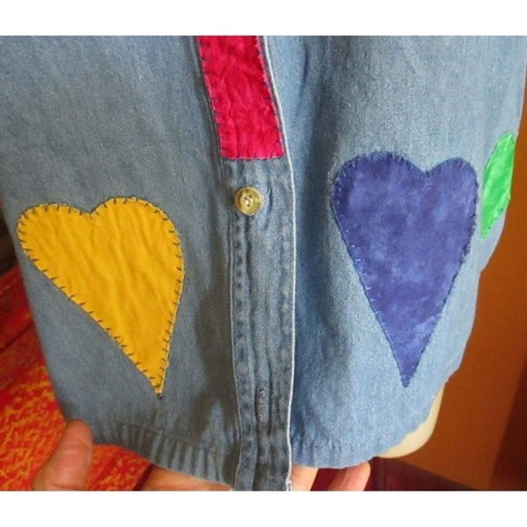 Vintage 1990s Womens Patched Shirt Denim Hearts XL Upper West Side Blue Colors - Picture 4 of 5